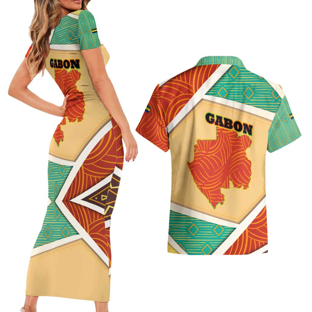 Gabon Couples Matching Short Sleeve Bodycon Dress and Hawaiian Shirt with National Coat of Arms and Tribal Pattern Map Design in Bold Colors