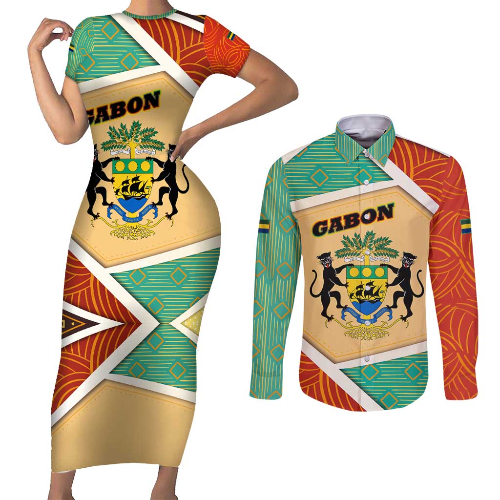 Gabon Couples Matching Short Sleeve Bodycon Dress and Long Sleeve Button Shirt with National Coat of Arms and Tribal Pattern Map Design in Bold Colors