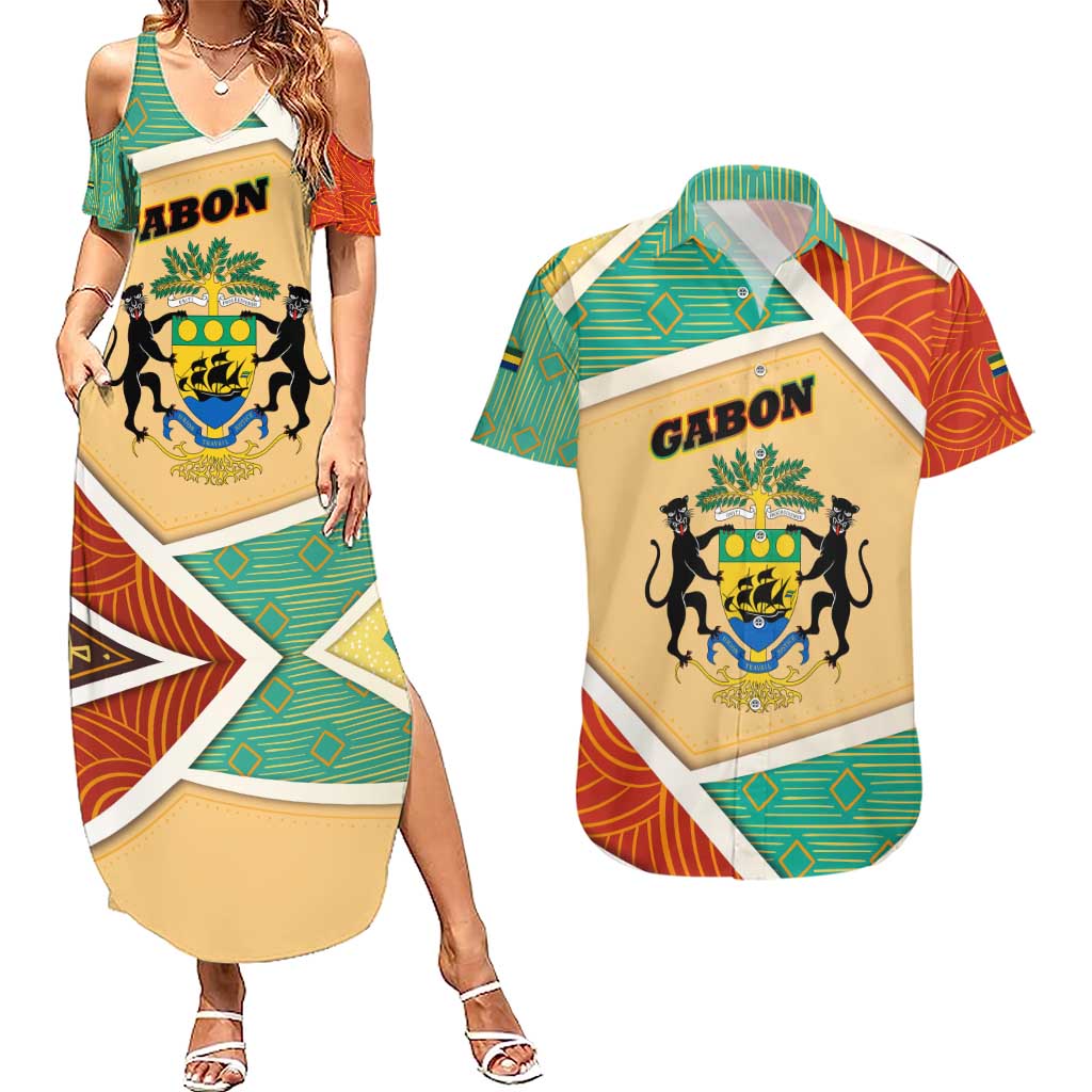 Gabon Couples Matching Summer Maxi Dress and Hawaiian Shirt with National Coat of Arms and Tribal Pattern Map Design in Bold Colors