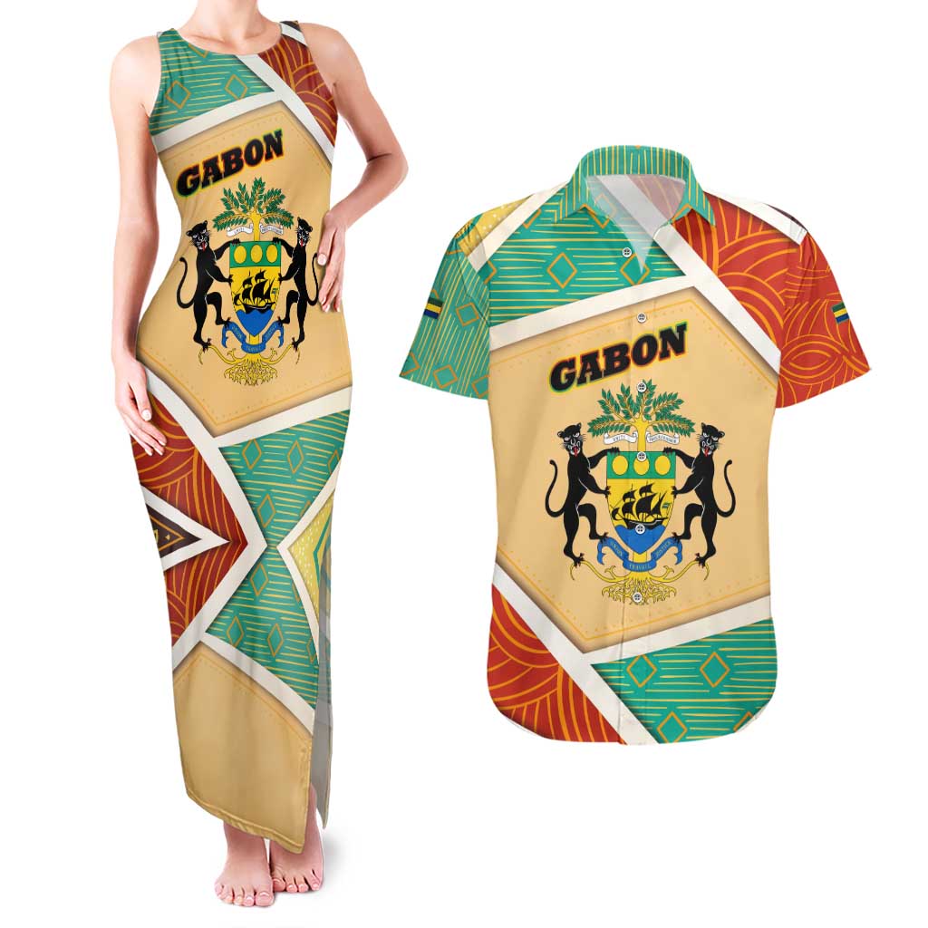 Gabon Couples Matching Tank Maxi Dress and Hawaiian Shirt with National Coat of Arms and Tribal Pattern Map Design in Bold Colors