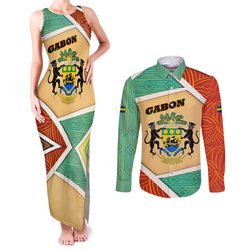Gabon Couples Matching Tank Maxi Dress and Long Sleeve Button Shirt with National Coat of Arms and Tribal Pattern Map Design in Bold Colors