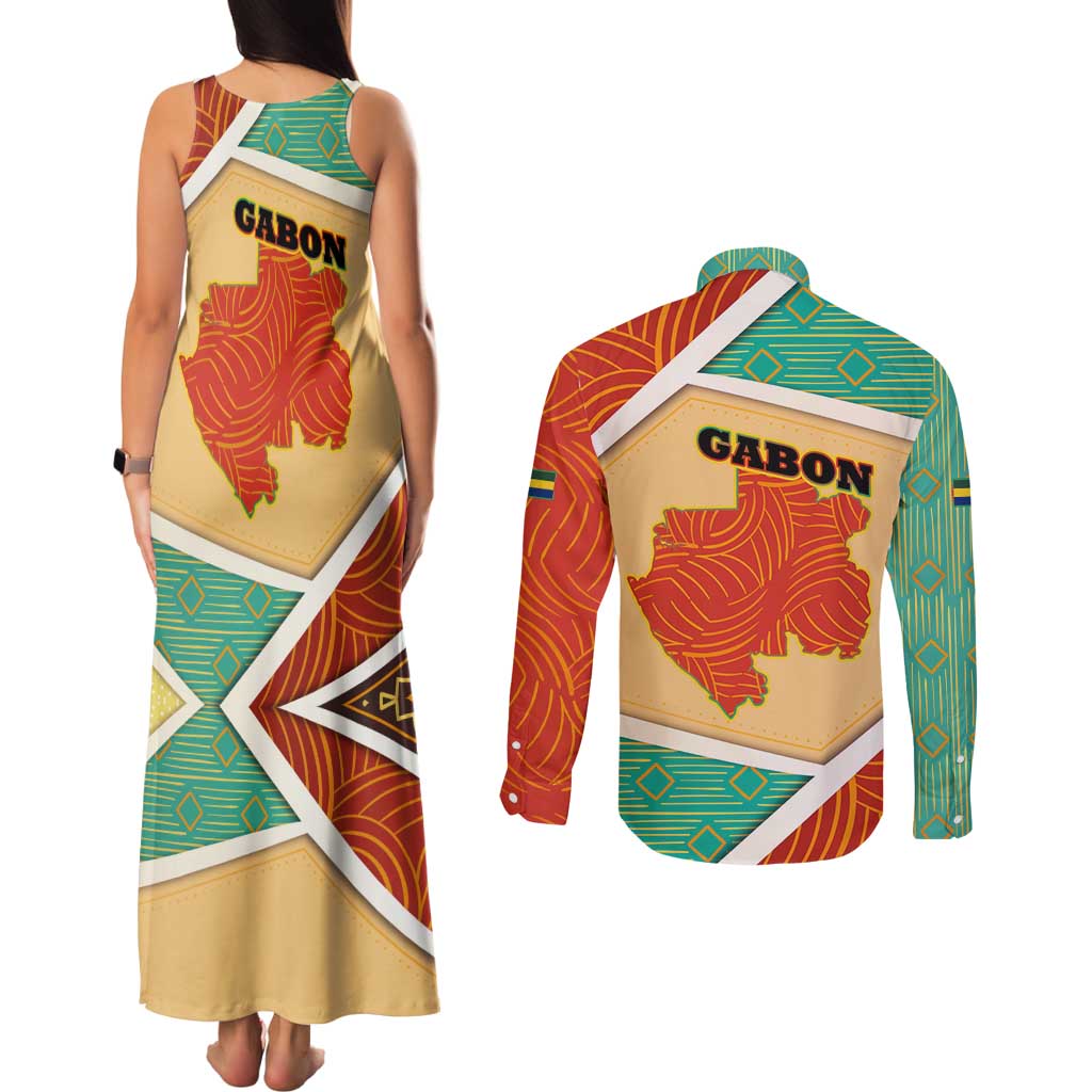 Gabon Couples Matching Tank Maxi Dress and Long Sleeve Button Shirt with National Coat of Arms and Tribal Pattern Map Design in Bold Colors