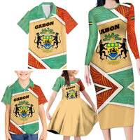 Gabon Family Matching Long Sleeve Bodycon Dress and Hawaiian Shirt with National Coat of Arms and Tribal Pattern Map Design in Bold Colors