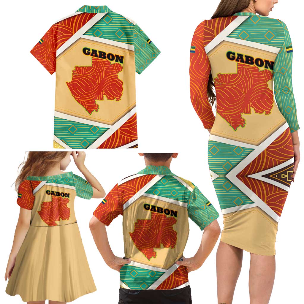 Gabon Family Matching Long Sleeve Bodycon Dress and Hawaiian Shirt with National Coat of Arms and Tribal Pattern Map Design in Bold Colors