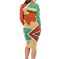 Gabon Family Matching Long Sleeve Bodycon Dress and Hawaiian Shirt with National Coat of Arms and Tribal Pattern Map Design in Bold Colors
