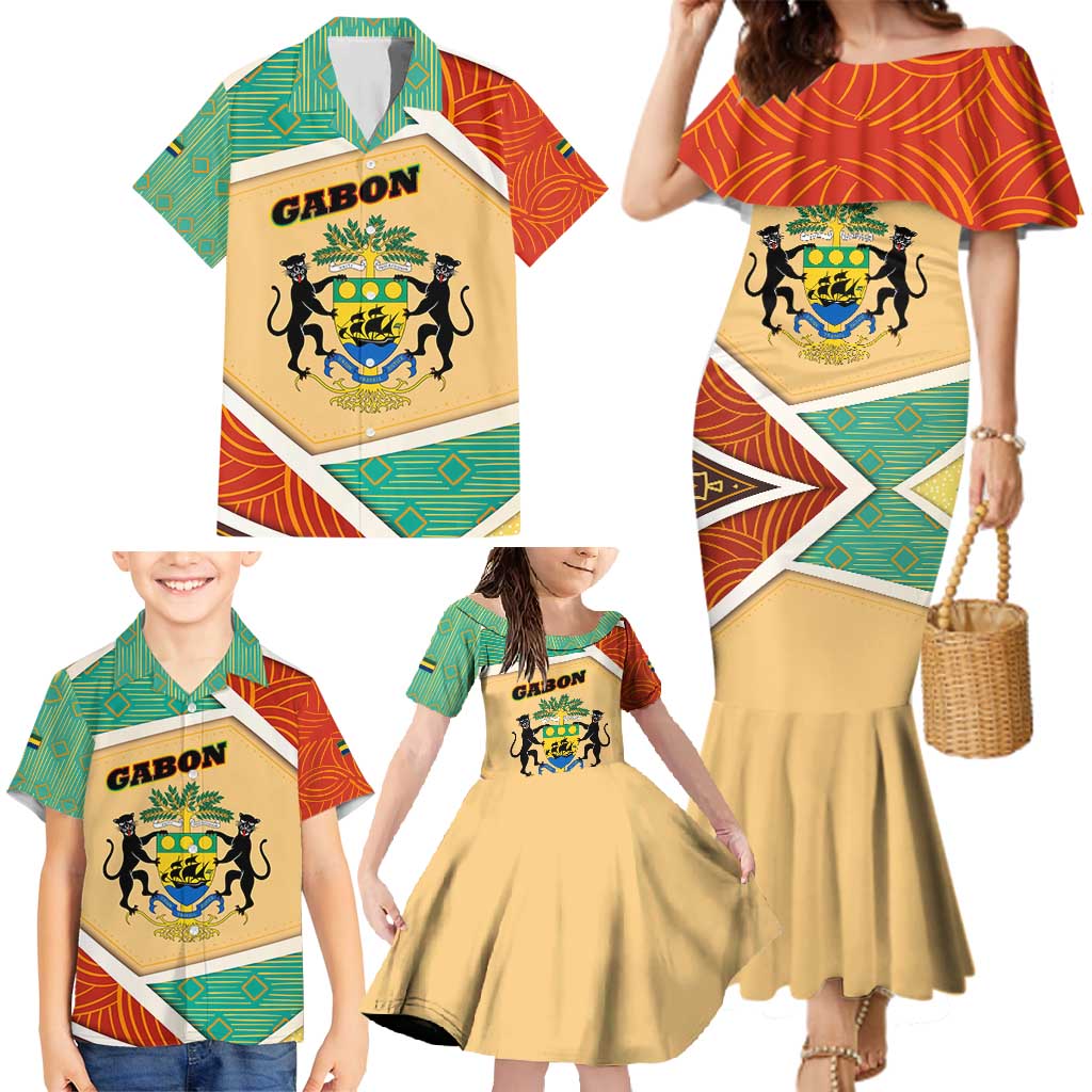 Gabon Family Matching Mermaid Dress and Hawaiian Shirt with National Coat of Arms and Tribal Pattern Map Design in Bold Colors