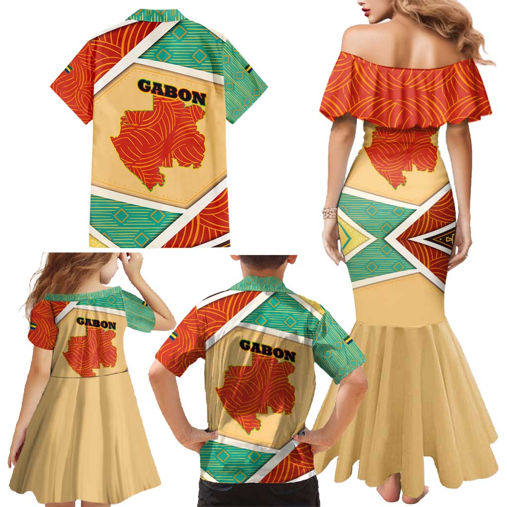 Gabon Family Matching Mermaid Dress and Hawaiian Shirt with National Coat of Arms and Tribal Pattern Map Design in Bold Colors