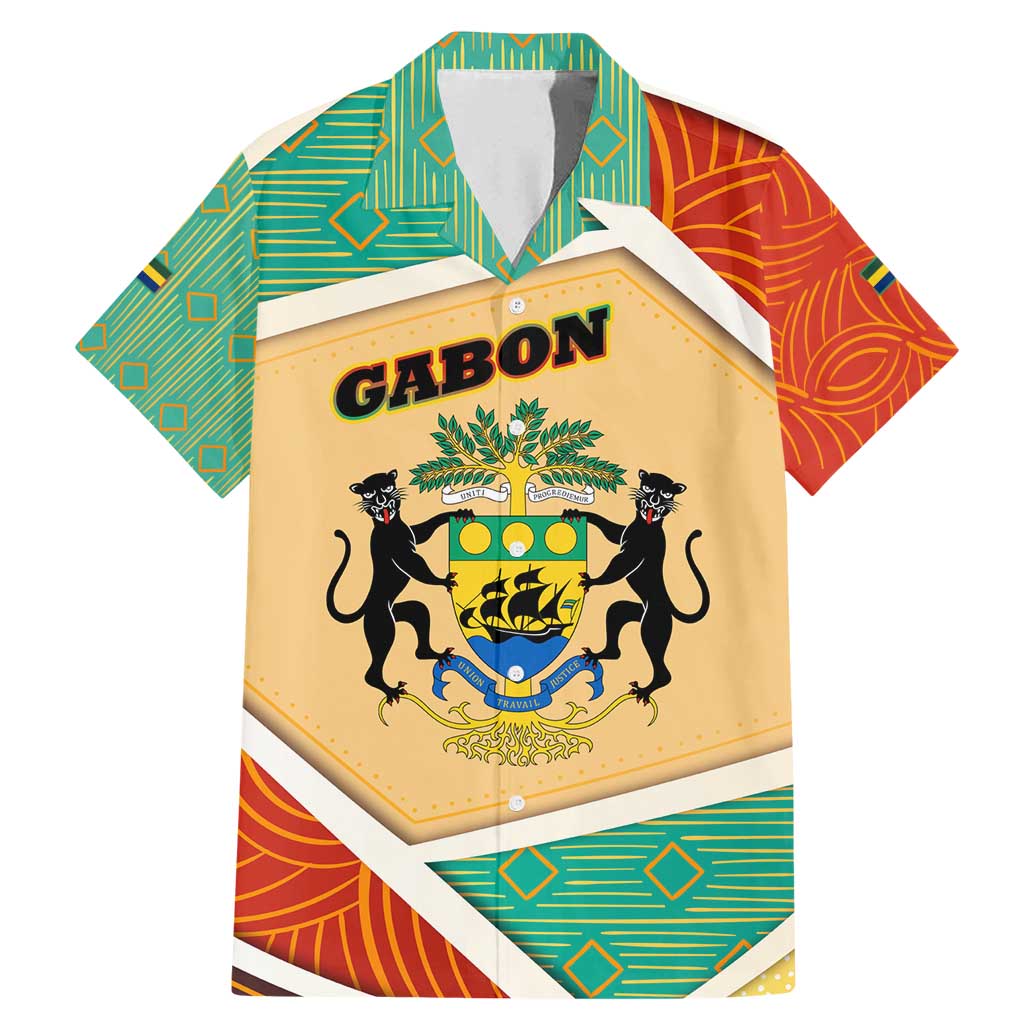 Gabon Family Matching Mermaid Dress and Hawaiian Shirt with National Coat of Arms and Tribal Pattern Map Design in Bold Colors
