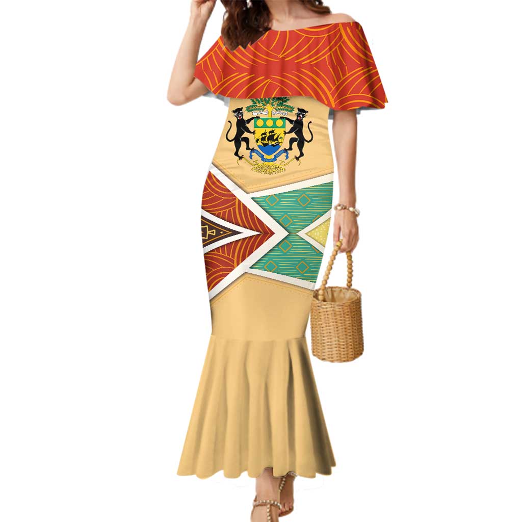 Gabon Family Matching Mermaid Dress and Hawaiian Shirt with National Coat of Arms and Tribal Pattern Map Design in Bold Colors
