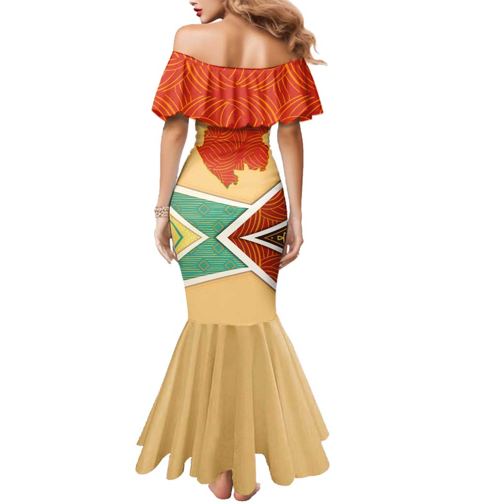 Gabon Family Matching Mermaid Dress and Hawaiian Shirt with National Coat of Arms and Tribal Pattern Map Design in Bold Colors