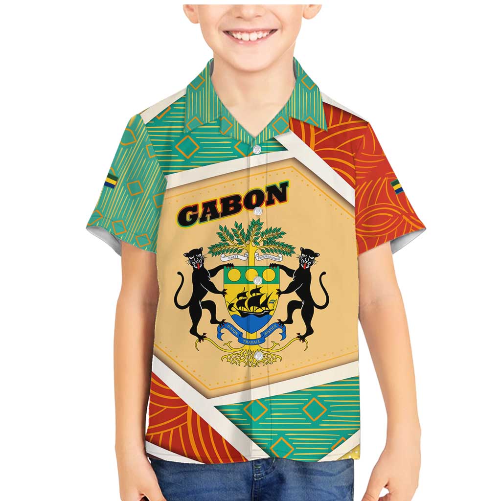 Gabon Family Matching Mermaid Dress and Hawaiian Shirt with National Coat of Arms and Tribal Pattern Map Design in Bold Colors