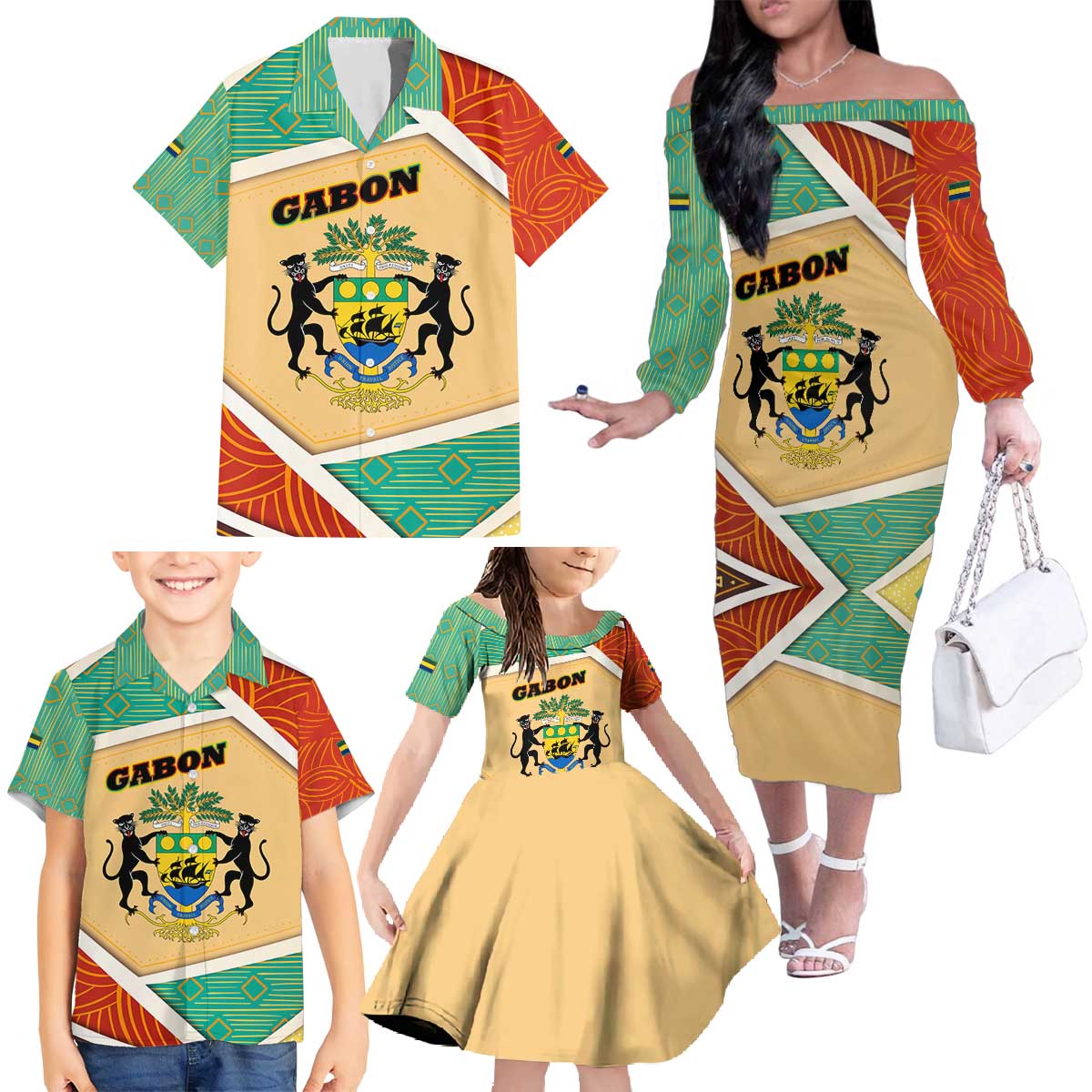 Gabon Family Matching Off The Shoulder Long Sleeve Dress and Hawaiian Shirt with National Coat of Arms and Tribal Pattern Map Design in Bold Colors