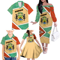 Gabon Family Matching Off The Shoulder Long Sleeve Dress and Hawaiian Shirt with National Coat of Arms and Tribal Pattern Map Design in Bold Colors