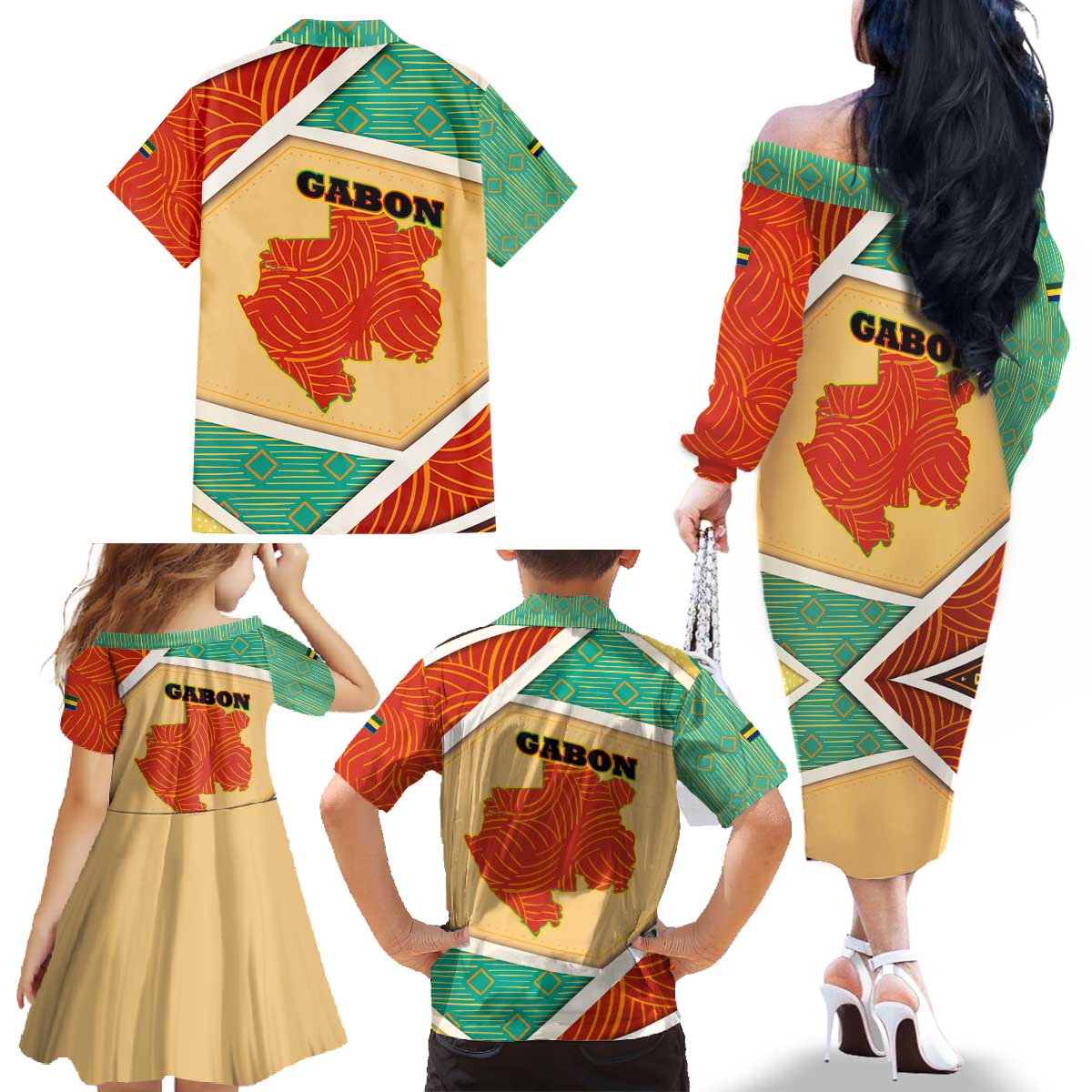Gabon Family Matching Off The Shoulder Long Sleeve Dress and Hawaiian Shirt with National Coat of Arms and Tribal Pattern Map Design in Bold Colors