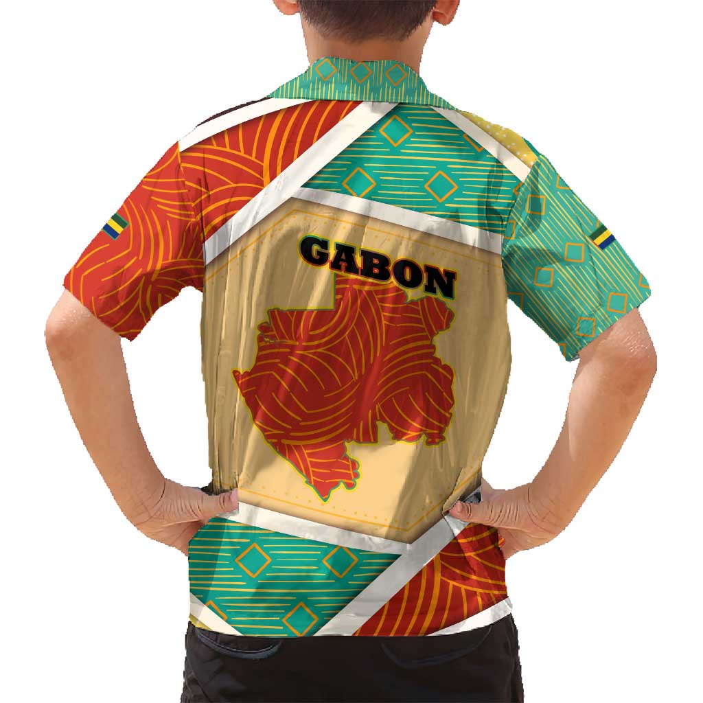 Gabon Family Matching Off Shoulder Maxi Dress and Hawaiian Shirt with National Coat of Arms and Tribal Pattern Map Design in Bold Colors