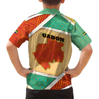 Gabon Family Matching Off Shoulder Maxi Dress and Hawaiian Shirt with National Coat of Arms and Tribal Pattern Map Design in Bold Colors