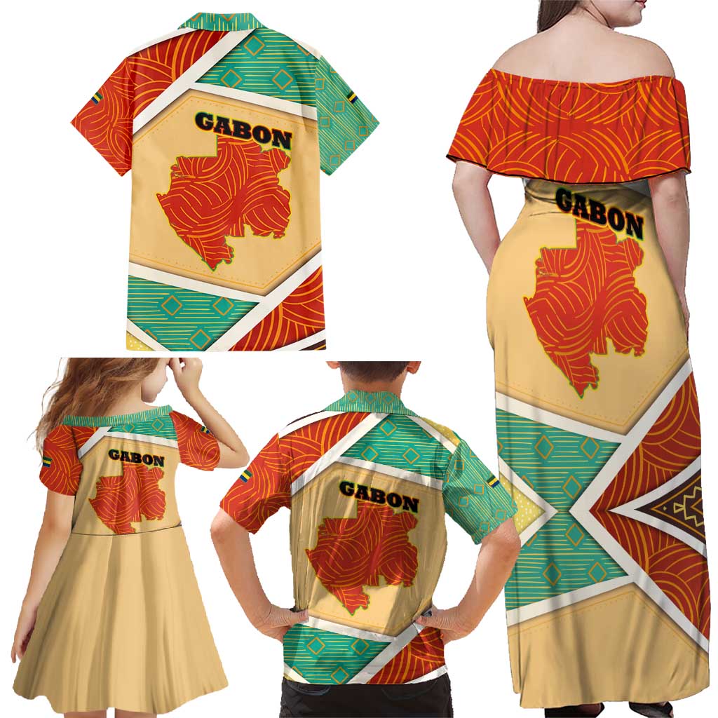 Gabon Family Matching Off Shoulder Maxi Dress and Hawaiian Shirt with National Coat of Arms and Tribal Pattern Map Design in Bold Colors
