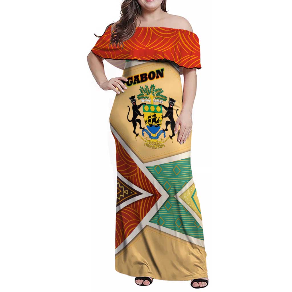 Gabon Family Matching Off Shoulder Maxi Dress and Hawaiian Shirt with National Coat of Arms and Tribal Pattern Map Design in Bold Colors