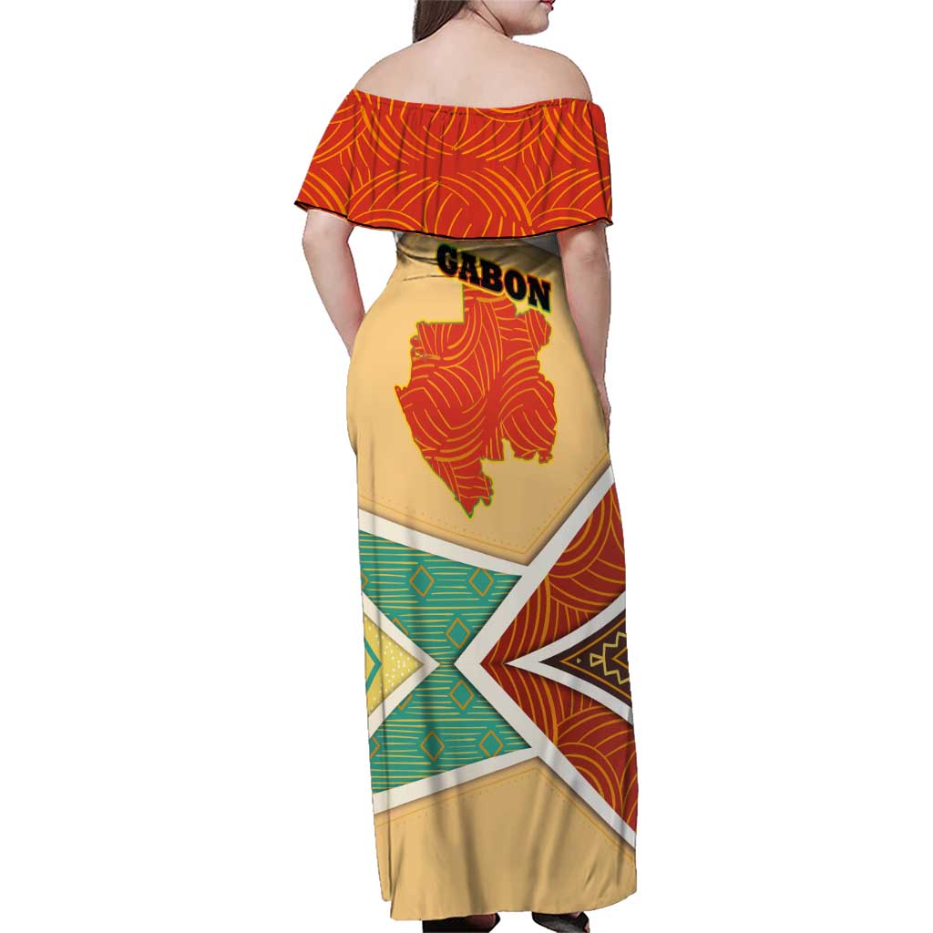 Gabon Family Matching Off Shoulder Maxi Dress and Hawaiian Shirt with National Coat of Arms and Tribal Pattern Map Design in Bold Colors
