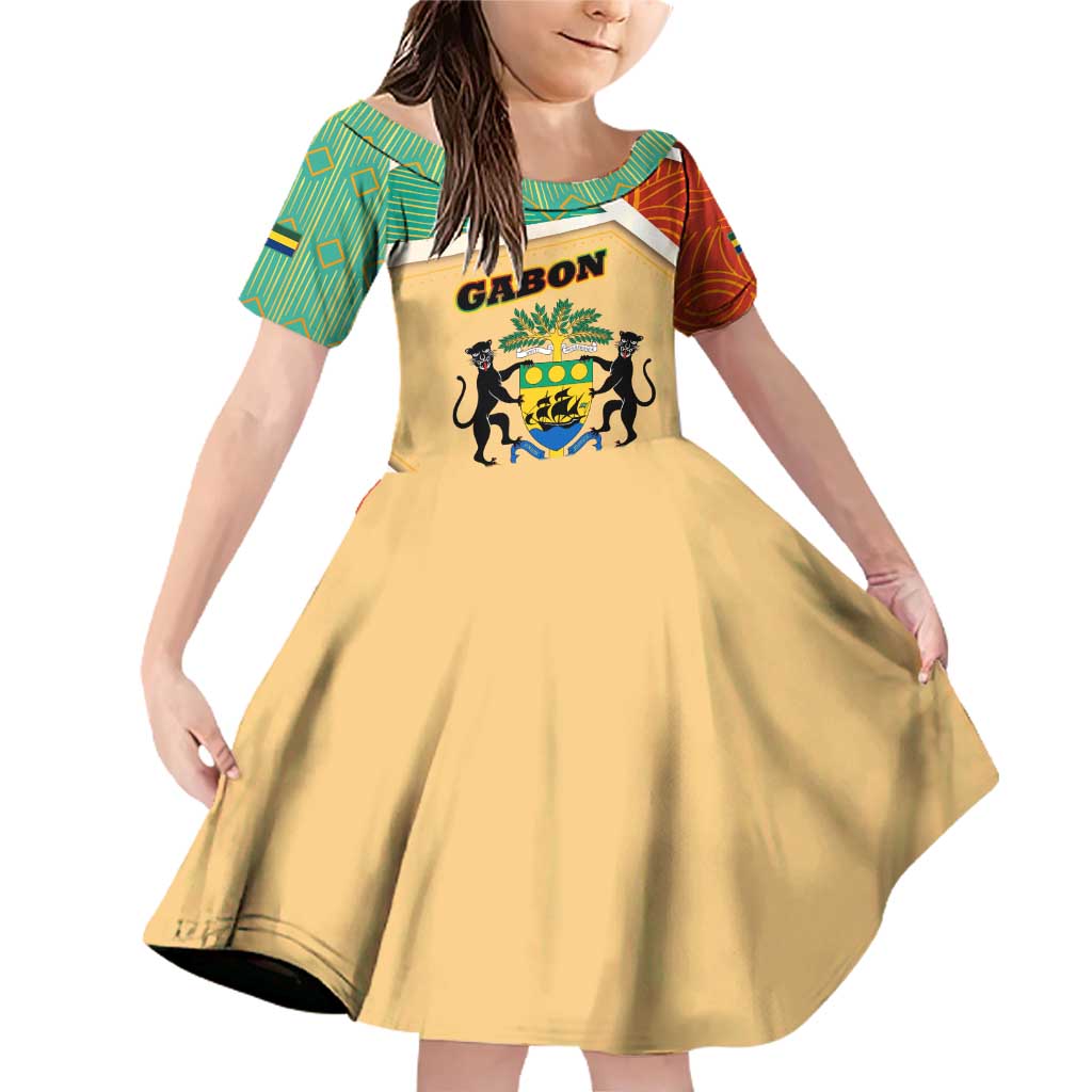 Gabon Family Matching Off Shoulder Short Dress and Hawaiian Shirt with National Coat of Arms and Tribal Pattern Map Design in Bold Colors