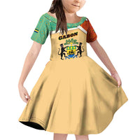 Gabon Family Matching Off Shoulder Short Dress and Hawaiian Shirt with National Coat of Arms and Tribal Pattern Map Design in Bold Colors