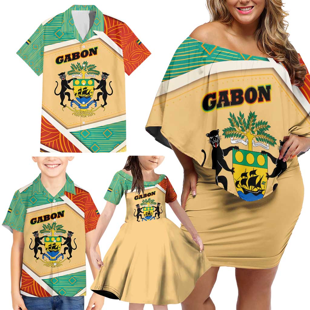 Gabon Family Matching Off Shoulder Short Dress and Hawaiian Shirt with National Coat of Arms and Tribal Pattern Map Design in Bold Colors