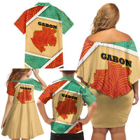 Gabon Family Matching Off Shoulder Short Dress and Hawaiian Shirt with National Coat of Arms and Tribal Pattern Map Design in Bold Colors
