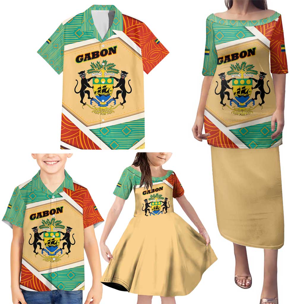Gabon Family Matching Puletasi and Hawaiian Shirt with National Coat of Arms and Tribal Pattern Map Design in Bold Colors