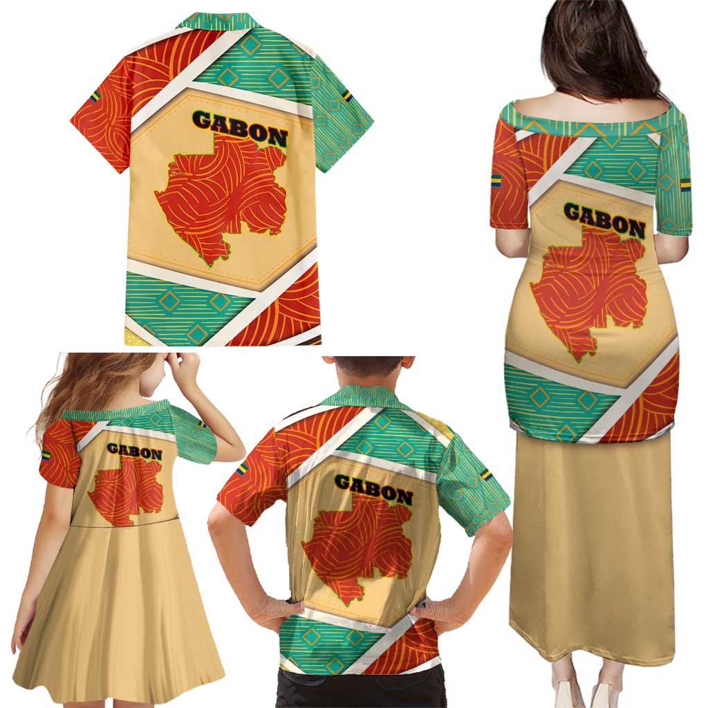 Gabon Family Matching Puletasi and Hawaiian Shirt with National Coat of Arms and Tribal Pattern Map Design in Bold Colors