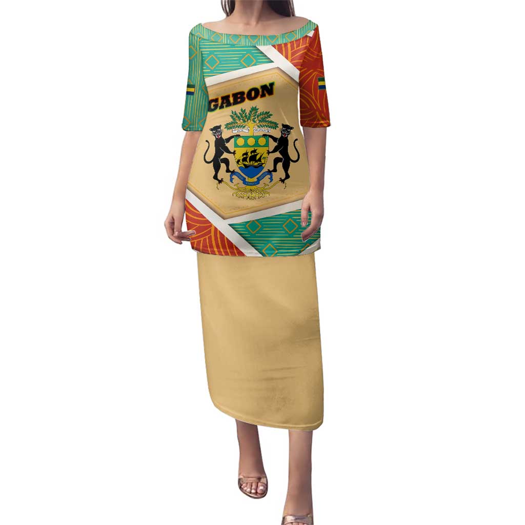 Gabon Family Matching Puletasi and Hawaiian Shirt with National Coat of Arms and Tribal Pattern Map Design in Bold Colors