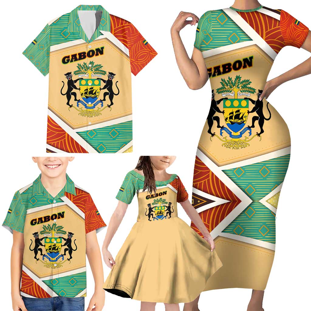 Gabon Family Matching Short Sleeve Bodycon Dress and Hawaiian Shirt with National Coat of Arms and Tribal Pattern Map Design in Bold Colors