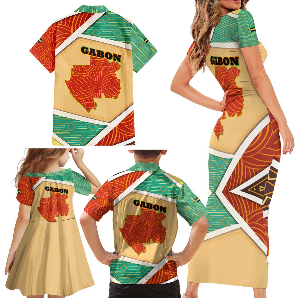 Gabon Family Matching Short Sleeve Bodycon Dress and Hawaiian Shirt with National Coat of Arms and Tribal Pattern Map Design in Bold Colors