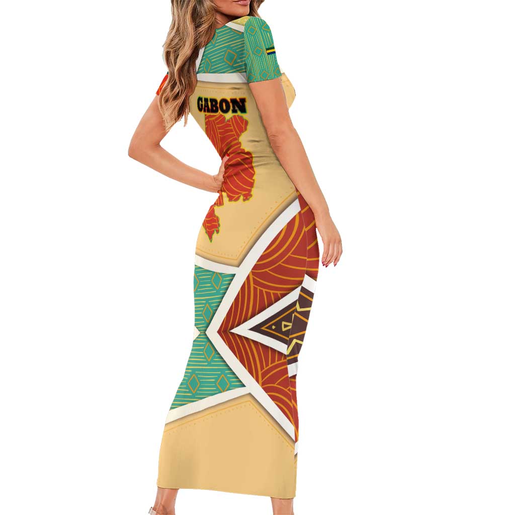 Gabon Family Matching Short Sleeve Bodycon Dress and Hawaiian Shirt with National Coat of Arms and Tribal Pattern Map Design in Bold Colors