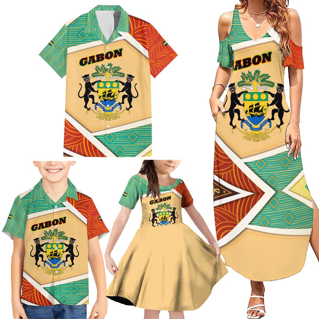 Gabon Family Matching Summer Maxi Dress and Hawaiian Shirt with National Coat of Arms and Tribal Pattern Map Design in Bold Colors