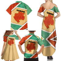 Gabon Family Matching Summer Maxi Dress and Hawaiian Shirt with National Coat of Arms and Tribal Pattern Map Design in Bold Colors