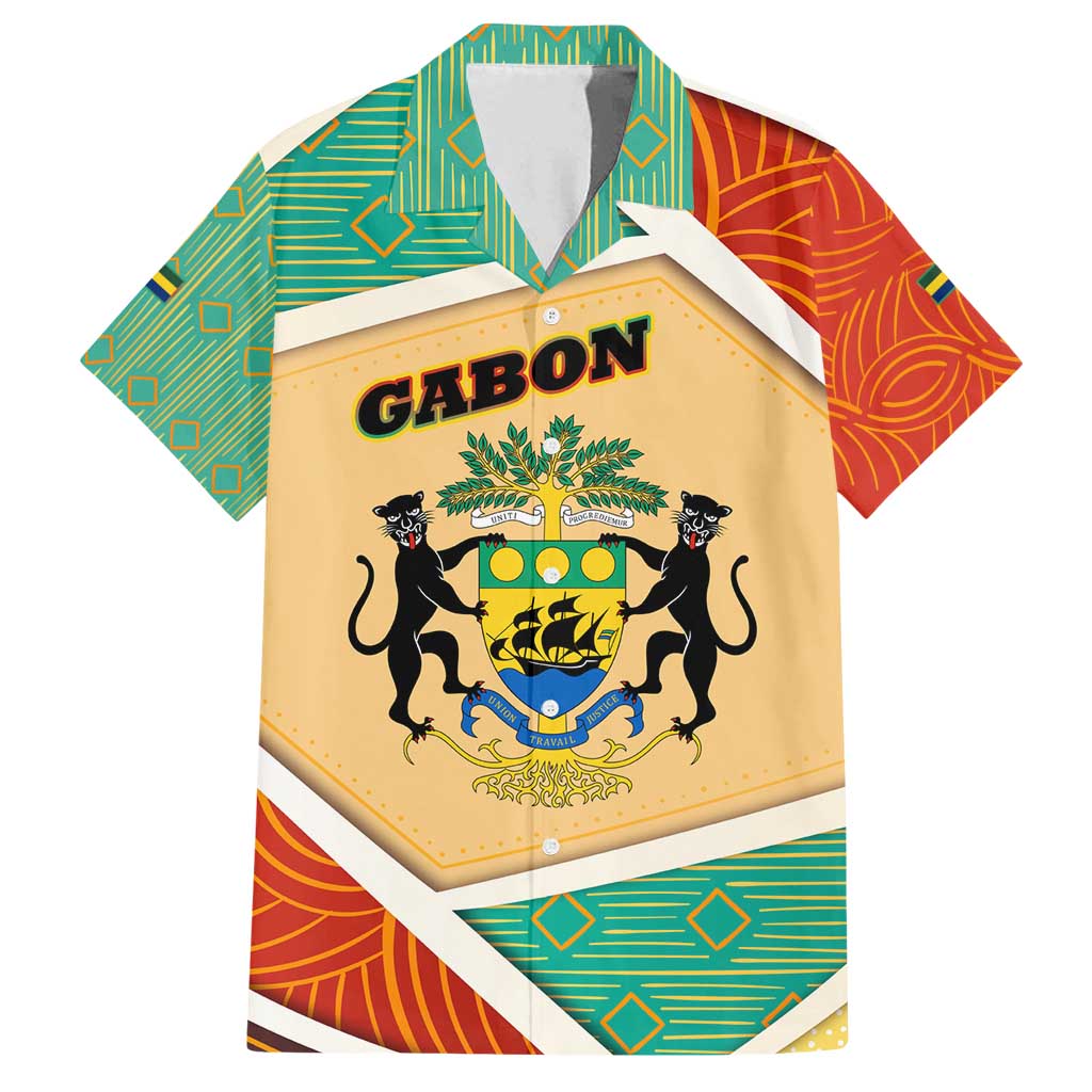 Gabon Family Matching Summer Maxi Dress and Hawaiian Shirt with National Coat of Arms and Tribal Pattern Map Design in Bold Colors