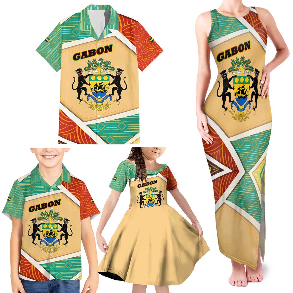 Gabon Family Matching Tank Maxi Dress and Hawaiian Shirt with National Coat of Arms and Tribal Pattern Map Design in Bold Colors