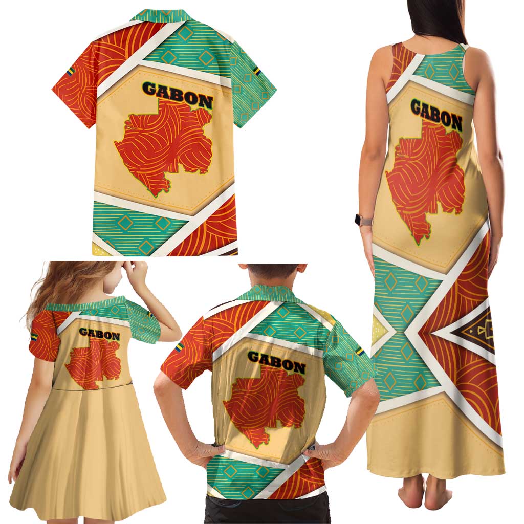 Gabon Family Matching Tank Maxi Dress and Hawaiian Shirt with National Coat of Arms and Tribal Pattern Map Design in Bold Colors