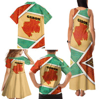 Gabon Family Matching Tank Maxi Dress and Hawaiian Shirt with National Coat of Arms and Tribal Pattern Map Design in Bold Colors