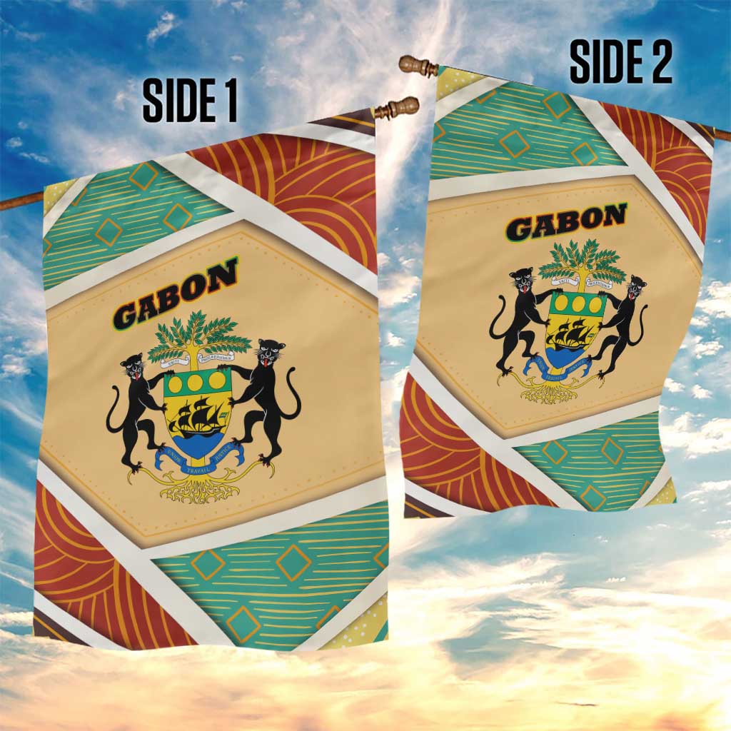 Gabon Garden Flag with National Coat of Arms and Tribal Pattern Map Design in Bold Colors