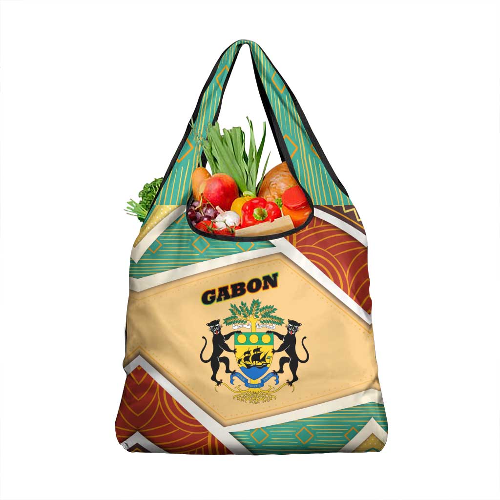 Gabon Grocery Bag with National Coat of Arms and Tribal Pattern Map Design in Bold Colors