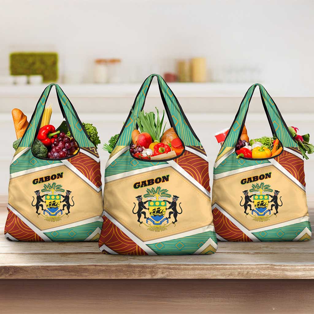 Gabon Grocery Bag with National Coat of Arms and Tribal Pattern Map Design in Bold Colors