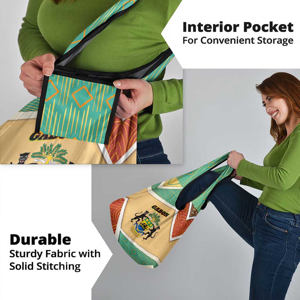 Gabon Grocery Bag with National Coat of Arms and Tribal Pattern Map Design in Bold Colors