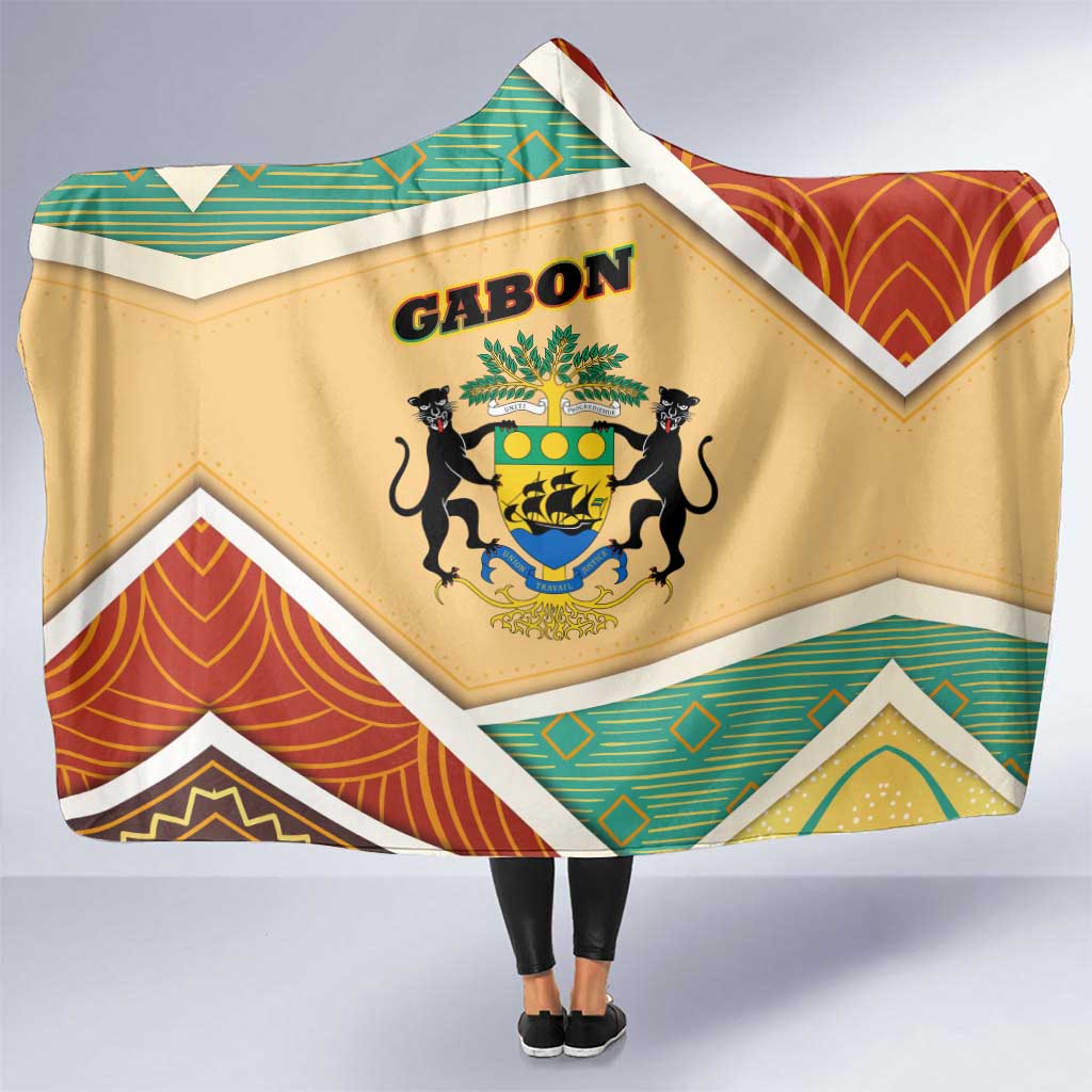 Gabon Hooded Blanket with National Coat of Arms and Tribal Pattern Map Design in Bold Colors