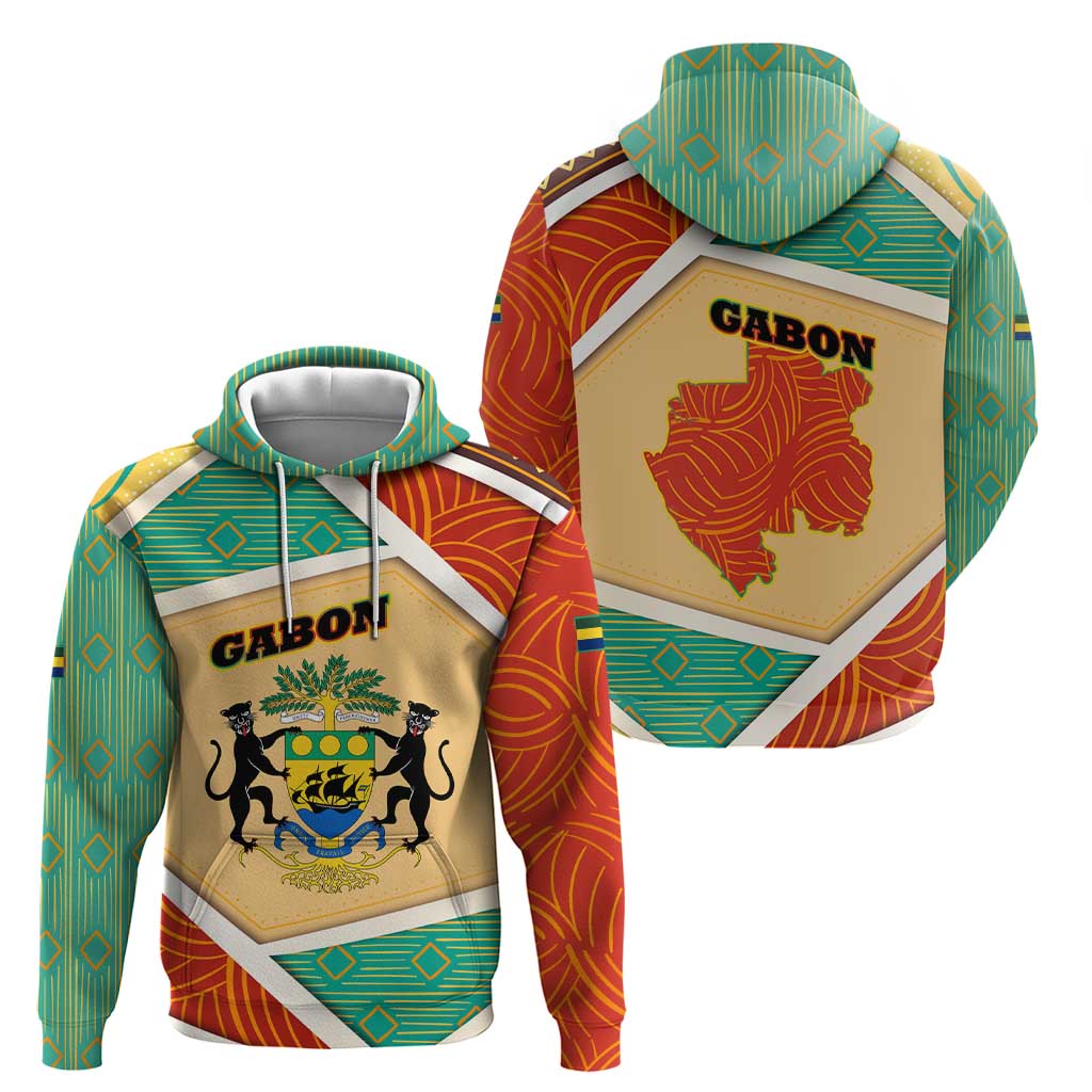 Gabon Hoodie with National Coat of Arms and Tribal Pattern Map Design in Bold Colors