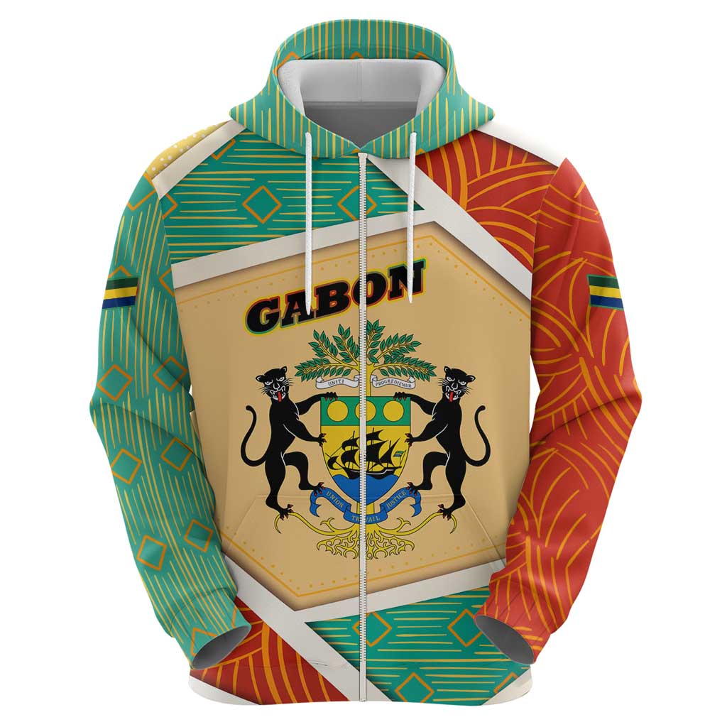 Gabon Hoodie with National Coat of Arms and Tribal Pattern Map Design in Bold Colors