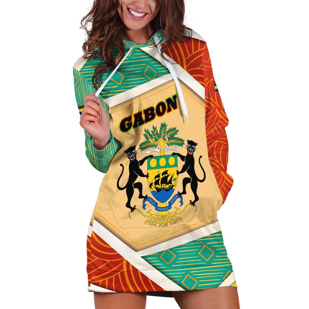 Gabon Hoodie Dress with National Coat of Arms and Tribal Pattern Map Design in Bold Colors