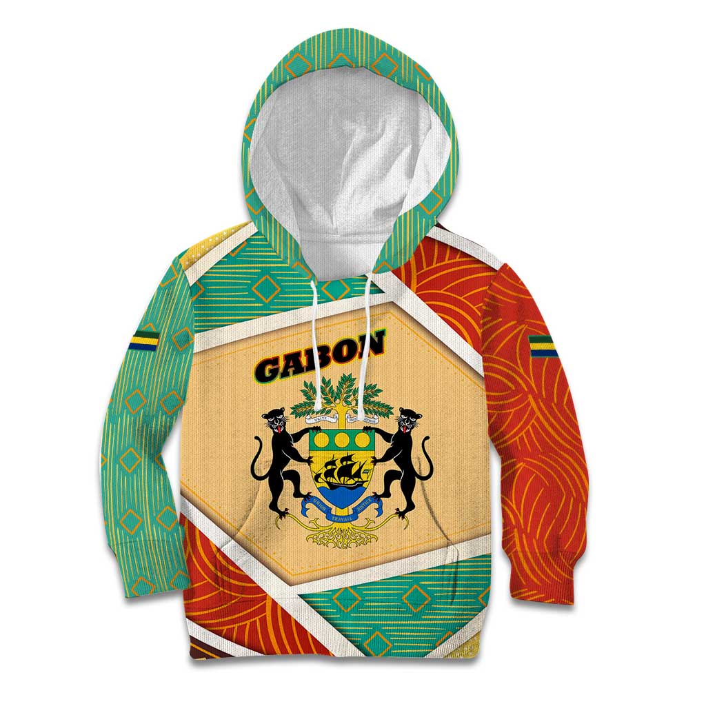 Gabon Kid Hoodie with National Coat of Arms and Tribal Pattern Map Design in Bold Colors