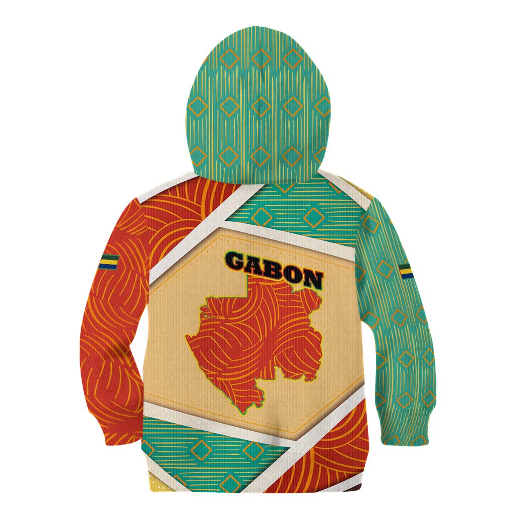 Gabon Kid Hoodie with National Coat of Arms and Tribal Pattern Map Design in Bold Colors