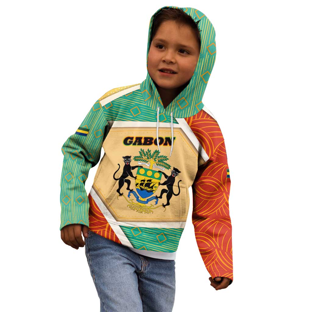 Gabon Kid Hoodie with National Coat of Arms and Tribal Pattern Map Design in Bold Colors